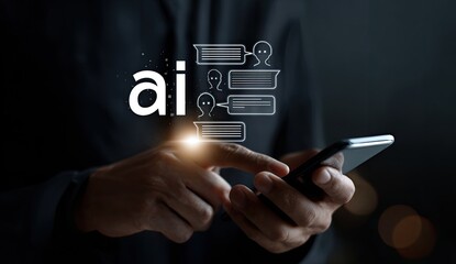 Close-up of hands holding a phone, AI concept with chat bubbles