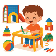 Naklejka premium Child coloring book at small table, flat 2D cartoon vector illustration