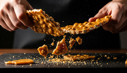 A dramatic, close-up shot of a crispy, nutty peanut brittle being shattered, with small pieces flying, capturing the delicious, crunchy texture.