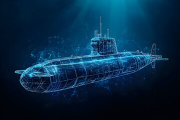 A digital illustration of a submarine, showcasing its intricate wireframe design against an underwater backdrop.