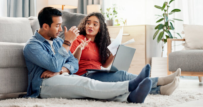 Stress, couple and talking with document at house for finance planning, payment error and bankruptcy. People, disagreement and laptop for loan paperwork, budget mistake and argue of home repossession