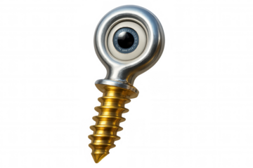 Steel lifting eye bolt featuring integrated camera lens, observing against transparent background, prepared for photomontage