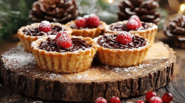 Festive chocolate tarts with raspberries and cranberries