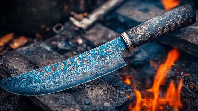 Damascus knife by campfire