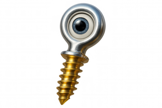 Steel lifting eye bolt featuring integrated camera lens, observing against transparent background, prepared for photomontage