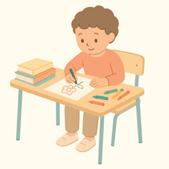 Naklejka premium Boy drawing separately at small tables, flat cartoon vector design