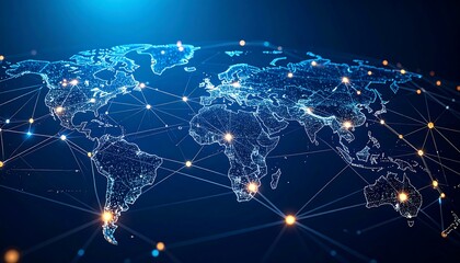 Global network map.  A stylized, digital world map, interconnected by lines and glowing points