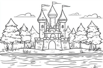 Fototapeta premium Enchanting castle with turrets coloring page for kids, simple black and white vector line art with trees by water