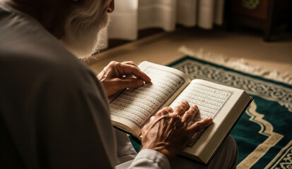 An elderly person's hands are shown reverently reading the Quran on a prayer rug, a moment of deep, spiritual devotion and connection to faith.