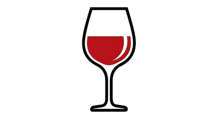 A minimalist line art icon of a wine glass partially filled with red wine on a white background.
