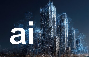 Futuristic city skyline overlaid with AI text