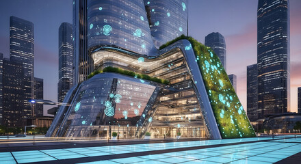 Futuristic cityscape with modern architecture and digital interface