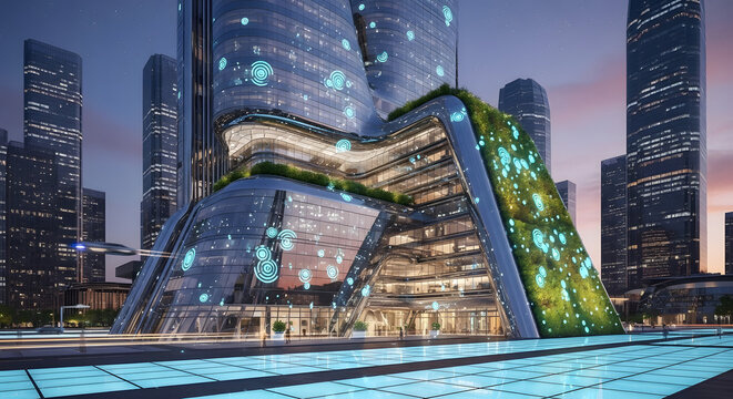 Futuristic cityscape with modern architecture and digital interface - Powered by Adobe