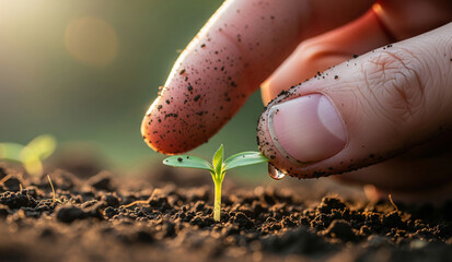 A person's finger gently touches a tiny, new green sprout emerging from rich, dark soil, with a single drop of water, symbolizing new life, growth, and hope.