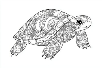 Fototapeta premium Cute cartoon turtle coloring page for kids, simple vector line art with thick black outline, swirly shell pattern, no shading