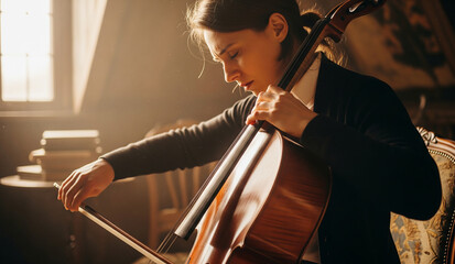 A female cellist plays her instrument with passion and focus, her bow moving across the strings in a warmly lit, intimate setting, creating beautiful music.