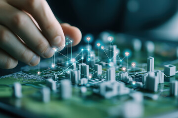 Obraz premium Hopeful hand interacting with smart city model, demonstrating future technology, network innovation, and urban development