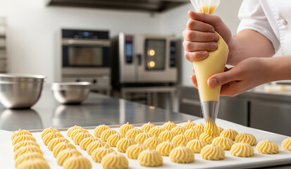 A pastry chef's hands use a piping bag to create perfect swirls of choux pastry dough on a baking sheet, preparing delicious cream puffs or éclairs.