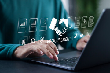 Procurement Management Industry concept. Supply chain planning, and inventory management. Person using laptop with procurement icon for with supply chain and retail logistics.