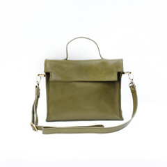 Sage green leather bag isolated on white background, perfect for leather product catalog design