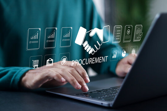 Procurement Management Industry concept. Supply chain planning, and inventory management. Person using laptop with procurement icon for with supply chain and retail logistics.