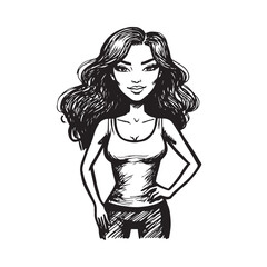 Beautiful Woman Doodle Black and White Illustration Fashion Girl Portrait Line Art Sketch Vector