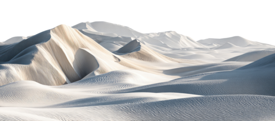Panoramic view of desert dunes.  Vast expanse of light beige and white sand dunes, sculpted into rolling hills and peaks.  Soft, subtle shadows.  A sense of quiet, immense scale