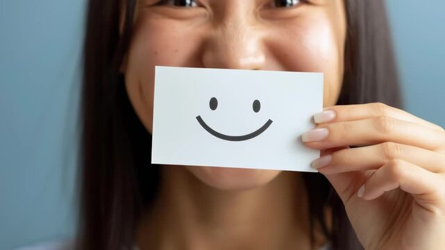 A woman is holding a white card with a smiley face on it. The card is likely a greeting card or a note of encouragement. The woman's smile and the cheerful design of the card convey a positive