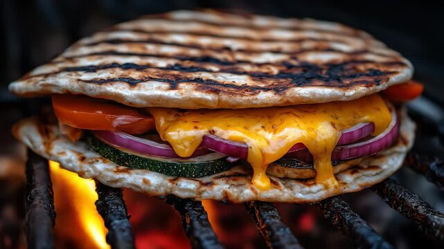 Grilled cheese sandwich with vegetables on a flatbread