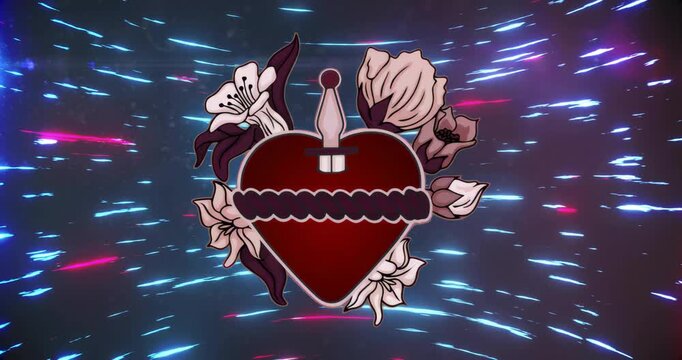 Dagger descending into neon tunnel piercing red heart emblem amid floral blooms to enhance depth
