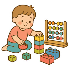 Naklejka premium Child stacking colorful building blocks, 2D flat vector illustration