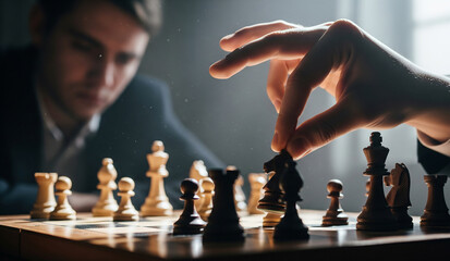  A close-up, intense shot of a chess game in progress, with a hand decisively moving a black knight, a classic symbol of strategy, intelligence, and competition.