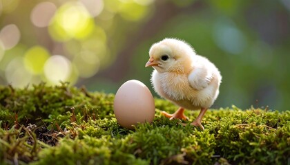 A fluffy chick near a brown egg on mossy ground