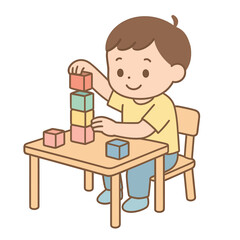 Naklejka premium Boy building tower with block toys, clean flat vector design