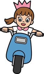 Cartoon illustration of happy girl with crown riding blue scooter motorcycle, funny character drawing for children, adventure, travel and transportation concept.