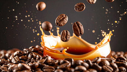 Close-up of a vibrant splash of coffee with floating coffee beans on a dark background