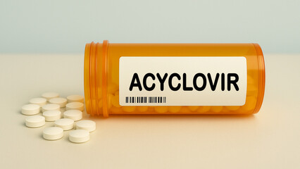 Box of ACYCLOVIR tablets on a hospital pharmacy table used to treat herpes infections an antiviral...