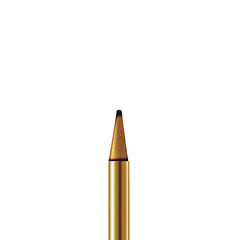 Close-up of a golden pencil tip against a black background. The tip is pointed and slightly textured, with a hint of shading.  A faint, almost invisible, outline suggests a light reflective surface