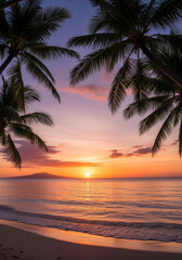 Obraz premium Romantic tropical island sunset with palm silhouettes, crystal clear waters reflecting.