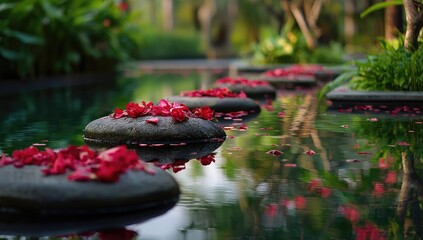 Peaceful stone path through water garden, adorned with rose petals