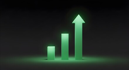 Glowing green bar graph with rising arrow against dark growth success finance