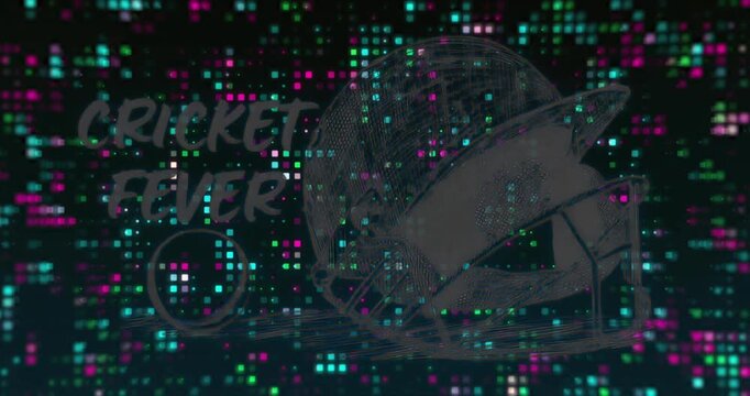 On start pixel grid glitching behind Cricket Fever and cricket helmet on bat creating motion effect