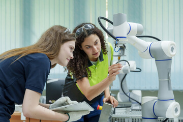 two female engineers operate robotic automation machine with collaboration during training session...