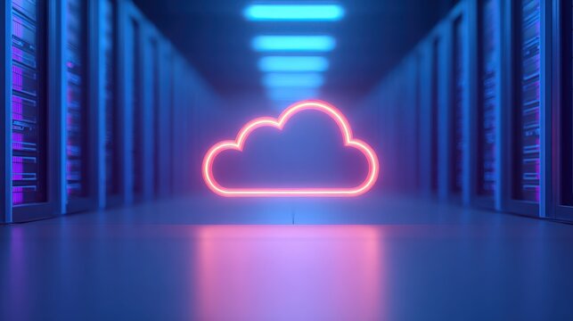 Digital Cloud Technology in Server Room: A striking neon cloud symbol glows in a modern server room setting, in electric blue and soft purple hues, the essence of cloud computing. Generative Ai