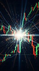 Abstract glowing lightburst with financial stock market trading charts