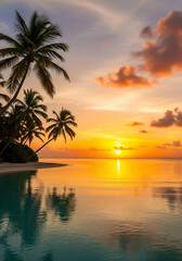 Romantic tropical island sunset with palm silhouettes, crystal clear waters reflecting.