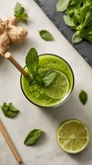 Obraz premium Fresh Green Juice with Mint, Lime, and Ginger.