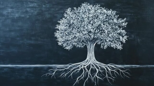 Chalk drawing of tree with extensive roots on dark background
