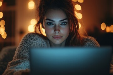 Woman at home shopping online and experiencing a fraud error, capturing the distress and confusion over a potential fraudulent activity during an online purchase, Generative AI