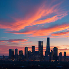 Fototapeta premium Distant skyline glowing under vivid streaks of colorful twilight clouds